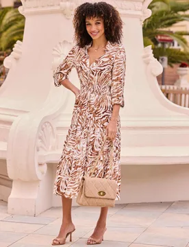 Animal Print Shirred Midi Shirt Dress Natural Mix female - Sosandar - FashionsVida