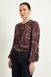 Women's Chain Print Ruffle Front Blouse in Brown Size: 18 - Brown - Size: 18