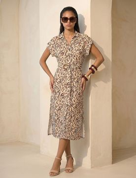 Abito midi stile camicia con cintura con stampa animalier con viscosa - multicolor