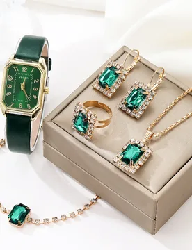 Women's New 5-Piece Jewelry Set: Square Roman Watch & Gemstone Bracelet Necklace Earring Ring, Elegant Metal & Leather Material - Aliexpress - FashionsVida