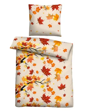 Polycotton Biber Herbstblätter orange-rot, 1x 135x200 cm + 1x 80x80 cm - Castell - FashionsVida