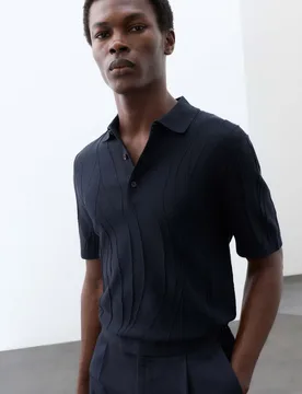 Pure Cotton Wavy Textured Polo Shirt Dark Navy male - M&S - FashionsVida