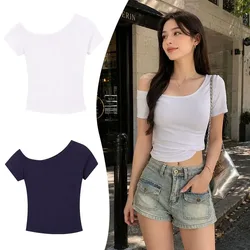 Elegant Slanted Collar Off-Shoulder T-Shirt Solid Color Elastic Short Sleeves Shirt Slim Fit Summer Top for Women
