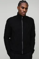 Herren Kastige Kreuzschraffur Durchgehend Reißverschluss Strickjacke Black Größe Large