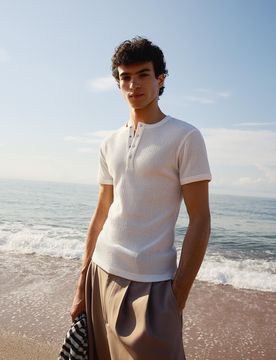 T-Shirt Texturé Col Tunisien Xs Blanc