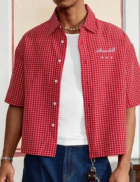 Camisa casual de manga corta con botón único, estampado de letras y cuadros para hombres - Shein - FashionsVida