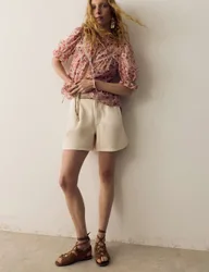Cotton Rich Denim Pleated Shorts Ecru female