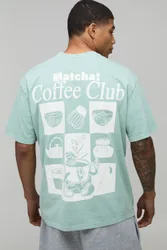 Mens Vintage Wash Green Oversized Matcha Club Print T-Shirt Cotton - Size Small