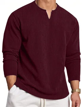 Camisa polo de manga larga con cuello de canalé, textura de moneda vintage, color liso, de punto suave y holgado, de ajuste suelto con cuello en V, v - Shein - FashionsVida