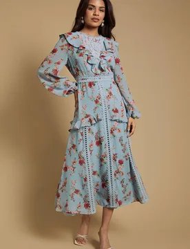 Women's Petite Chiffon Printed Lace Trim Detail Ruffle Midi Dress in Blue Size: 14 - Blue - Size: 14 - OASIS - FashionsVida