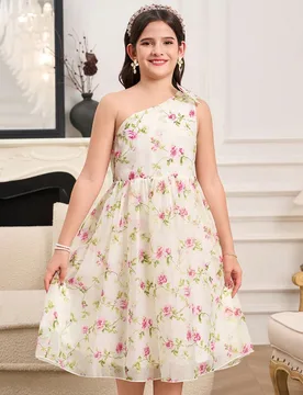 Pieza Vestido elegante con estampado floral de organza con tirantes finos, decoración de lazo desmontable y cremallera para niña preadolescente, est - Shein - FashionsVida