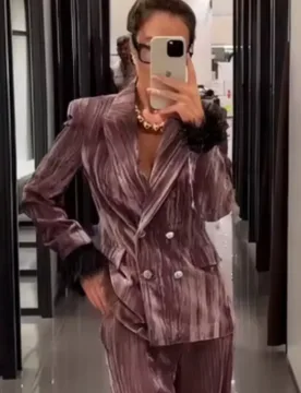 Dusty Pink Crinkle Velvet Blazer Decorative Feather Trim Cuff Oversized Women Evening Party Suit Jacket Outerwear 260602 - Aliexpress - FashionsVida