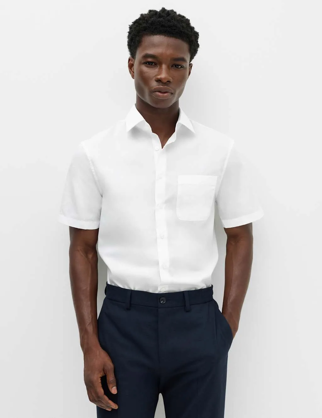 Regular Fit Cotton Blend Short Sleeve Shirt White male - M&S - FashionsVida