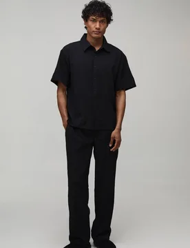 Men's Stripe Seersucker Oversized Shirt & Relaxed Trouser Set Black Size X-Small Black XS - boohooMAN - FashionsVida