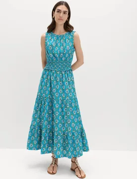 Pure Cotton Floral Midi Waisted Dress Blue Mix female - M&S - FashionsVida