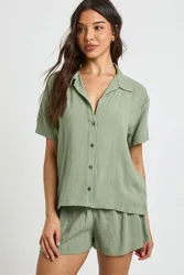 Womens Linen Look Beach Short Sleeve Shirt - Green - Size 16 Uk