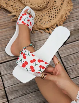 Sandalias planas de punta cuadrada para mujer, estilo campestre casual, con estampado de flores de cerezo fresco, ligeras y cómodas, y versátiles, d - Shein - FashionsVida