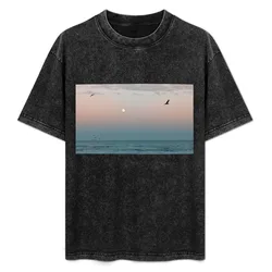 Sunset Sea Birds T-Shirt Basic Solid Color Short Sleeve Cotton Top