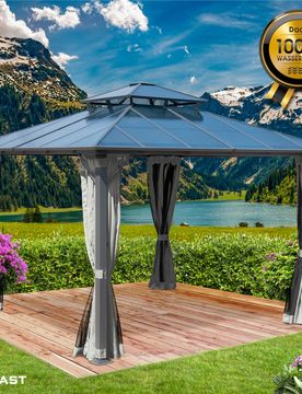 Alu Pavillon PAGODE 3,5x3,5m hellgrau mit Moskitonetz