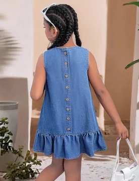 Vestido de Mezclilla sin Mangas para Niña Preadolescente, Casual de Verano y Otoño, unicolor Lavado, con Botones en la Espalda, Espalda Abierta, Dob - Shein - FashionsVida