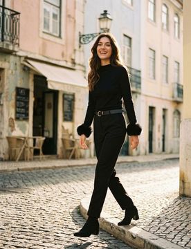 Pantaloni straight fit con cintura - nero
