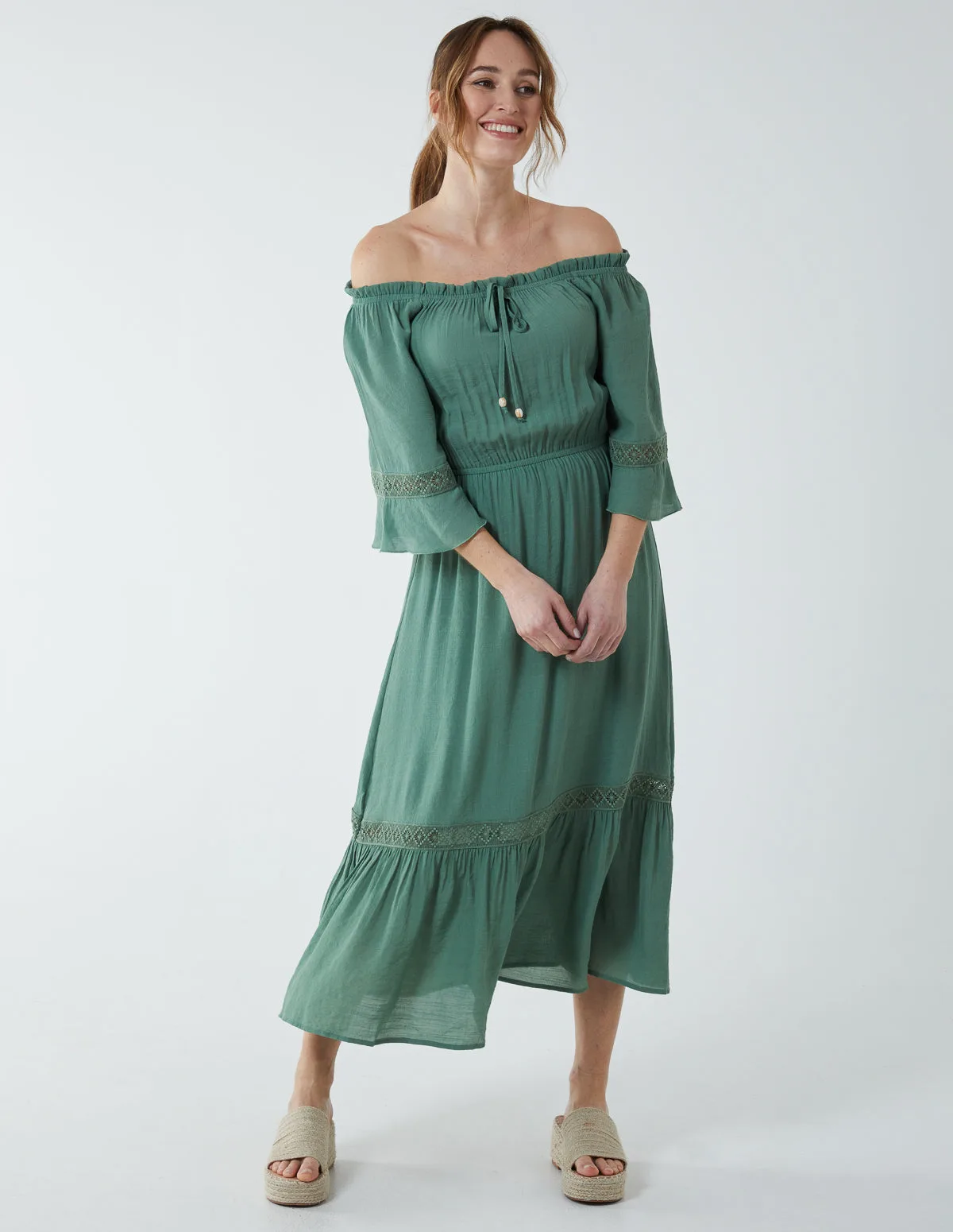 Womens Off Shoulder Elasticated Lace Insert Midi Dress - Khaki - Size Medium - Blue Vanilla - FashionsVida