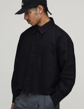 Men's Boxy Fit Cropped Long Sleeve Oxford Shirt Black Size X-Small Black XS - boohooMAN - FashionsVida