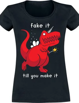 T-Shirt - Fake It Till You Made It - L bis XL - für Damen - Größe XL - schwarz - Frauen - female - Goodie Two Sleeves - FashionsVida