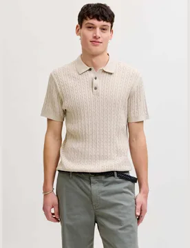 Pure Cotton Cable Knitted Polo Shirt Beige male - Jack & jones - FashionsVida
