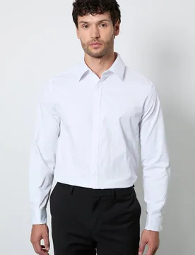 Men's White Concealed Placket Double Cuff Slim Fit Shirt Size: 15 in - White - Size: 15 in - Burton - FashionsVida