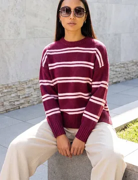 Women's Stripe Crew Neck Jumper in Burgundy Size: 16 - Burgundy - Size: 16 - Roman - FashionsVida
