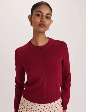 Crew Neck Button Front Cardigan Dark Red female - Saba - FashionsVida