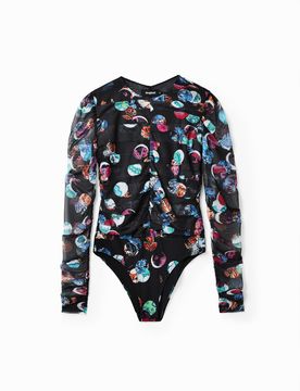 Body imprimé à pois fantaisie, Polyester, Noir, XS