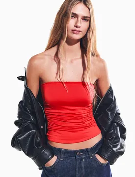 Haut Bandeau Froncé S Corail - Bershka - FashionsVida