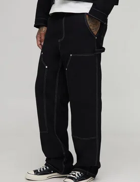 Herren Lange Canvas Relaxed Fit Arbeitshose Black Größe 34 - boohooMAN - FashionsVida