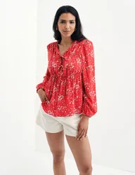 Printed Tie Neck Top Red Mix female