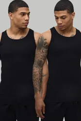 Mens 2 Pack Basic Muscle Fit Vest - Black Cotton - Size 2xl