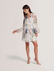 Floral Tie Waist Pleated Mini Smock Dress Pink Mix female