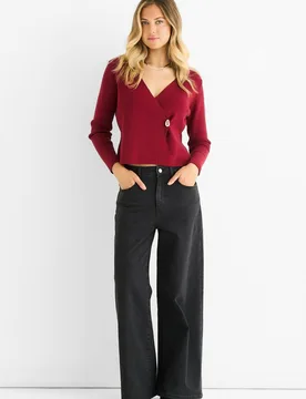 Women's Burgundy Button Wrap Compact Knit Cardigan Sweater Size: Large/XL - Burgundy - Size: L/XL - Gini London - FashionsVida
