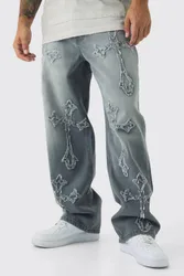Herren Baggy Rigid Washed Grey Kreuz-Applikation Jeans Hosen Light Grey Größe 34R