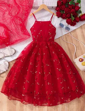 Vestido de tirantes con decoración de flores 3D bordadas en malla para niña preadolescente - Shein - FashionsVida