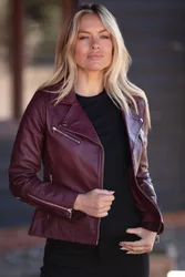 Giulia' Veg Tanned Leather Biker Jacket - Burgundy - Size: 20