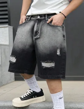 Pantalones cortos de mezclilla con degradado de negro a gris lavados para hombre, pantalones cortos tipo bermuda holgados con roturas y deshilachados, - Shein - FashionsVida