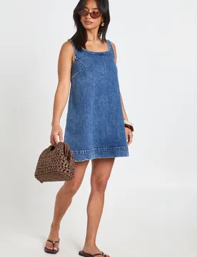 Womens Petite A-Line Square Neck Denim Mini Dress - Blue Cotton - Size 16 Uk - Boohoo - FashionsVida