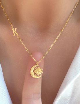 Pieza Nuevo collar de cadena de cuentas de acero inoxidable dorado con colgante de luna y sol de moda inicial para mujer