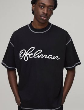 Herren Übergroßes T-Shirt Mit Sichtbaren Nähten, Kontraststichen Und Stickerei Black Größe XL