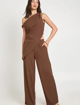 Womens Linen Drawstring Waist Trousers - Mocha - Size 10 Uk - Boohoo - FashionsVida