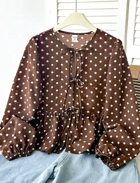 Blusa de moda para niña preadolescente con estampado de lunares marrones y blancos, casual, linda, minimalista, cómoda, cuello redondo, manga larga, - Shein - FashionsVida