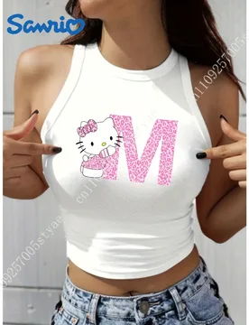 Sanrio Letter M Hello Kitty with Pink Leopard Print Letter M White Ribbed Cropped Sleeveless Tank Top - Aliexpress - FashionsVida