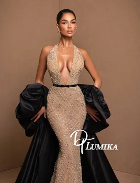 Nude Lining Halter Evening Dress Delicate Rhinestones Beads Sequins Prom Gown With Black Satin Cape Banquet Customized Wear - Aliexpress - FashionsVida